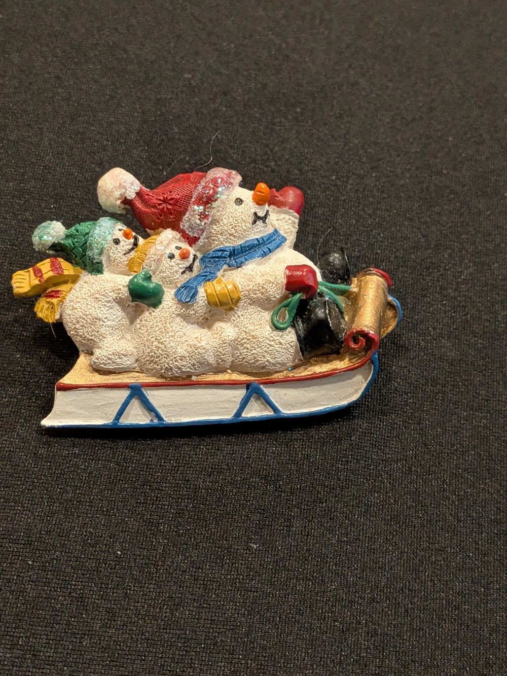 Vintage Snowman Family Sleigh Pin - Festive Red, Blue, Green